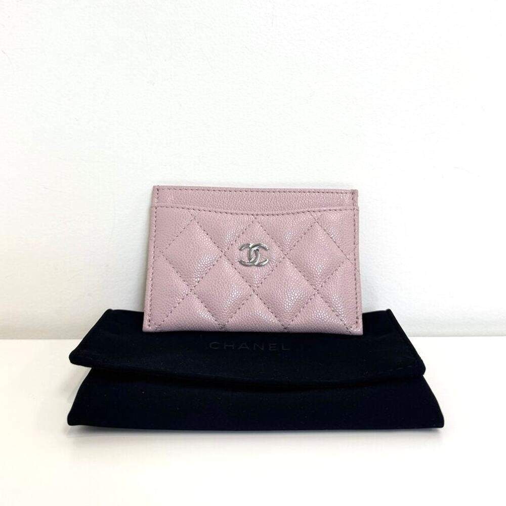 CHANEL Light Pink Quilted Caviar Card Holder Silver CC Logo Blush Wallet